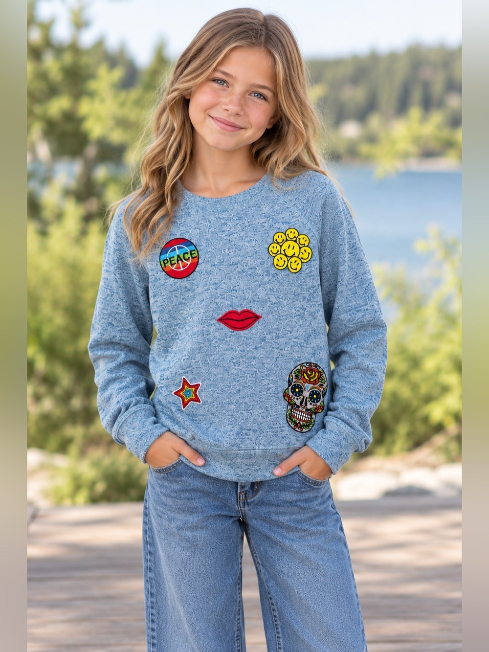 Star Ride Girls Patch Knit Heather Blue Sweatshirt Size M (5/6)
